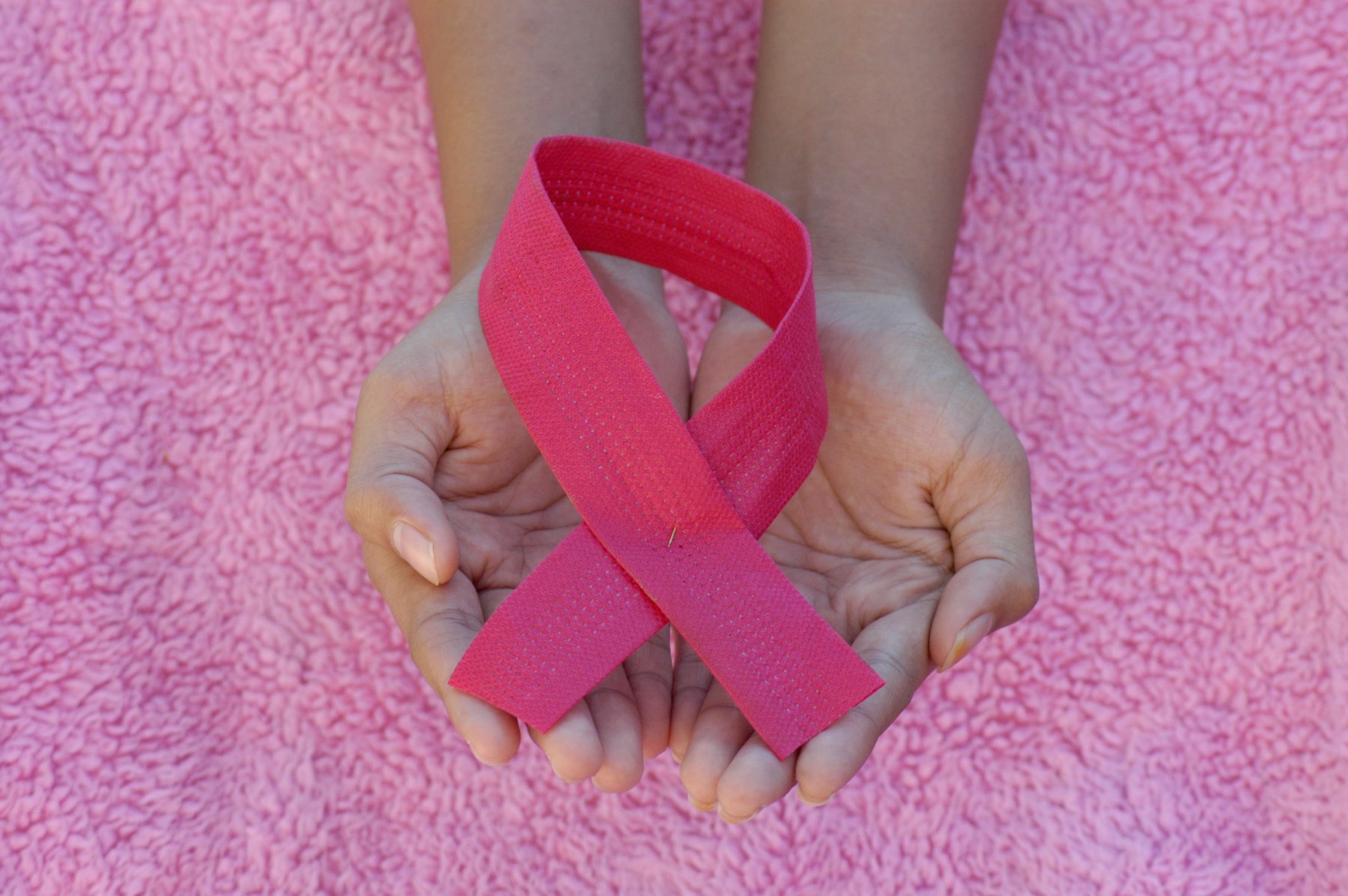 Open hands holding a pink ribbon